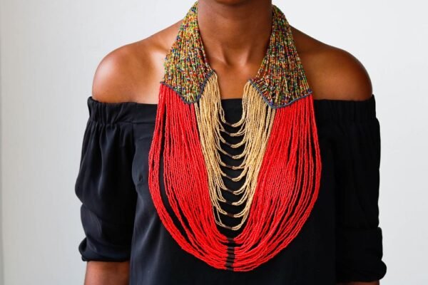 MOTI African Red beaded necklace, Beaded Pendant necklace