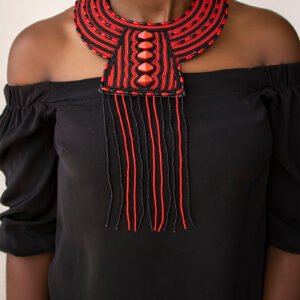 MALKIA African Beaded Leather Necklace, Red and black necklace