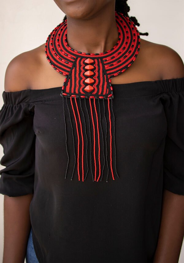 MALKIA African Beaded Leather Necklace, Red and black necklace