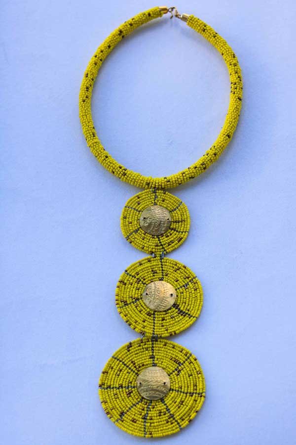 AZIZA African Yellow beaded tiered necklace, Pendant necklace