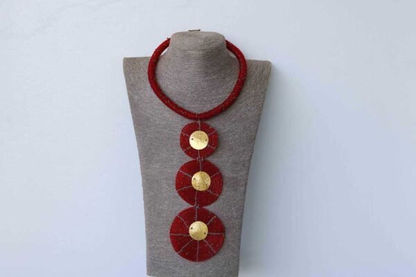 ABEDI Red beaded tiered necklace, African Pendant necklace