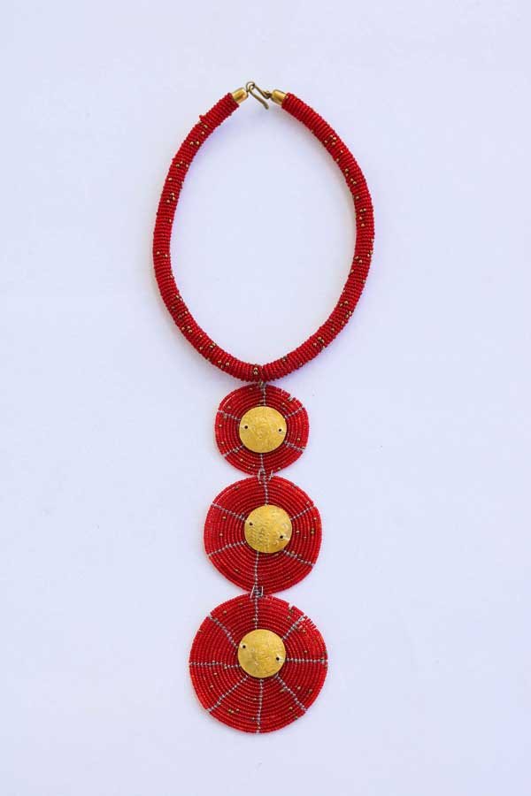 AYUBA African Red beaded tiered necklace, Pendant necklace