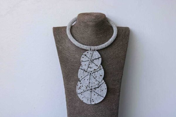 HODARI White tiered necklace, African beaded Pendant necklace