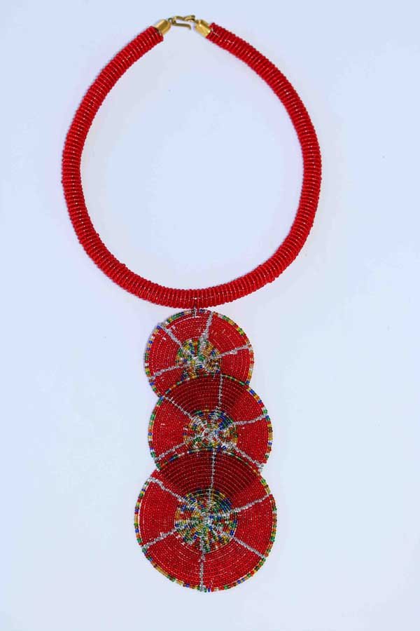 ABEDI Red beaded tiered necklace, African Pendant necklace