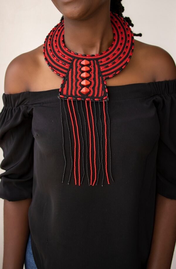MALKIA African Beaded Leather Necklace, Red and black necklace