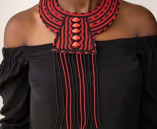 MALKIA African Beaded Leather Necklace, Red and black necklace