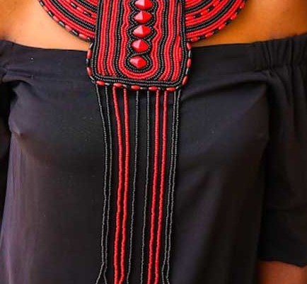 MALKIA African Beaded Leather Necklace, Red and black necklace