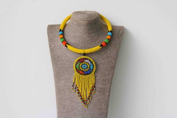 70a.jpg KIBIBI Yellow Beaded Zulu Necklace, African Pendant necklace