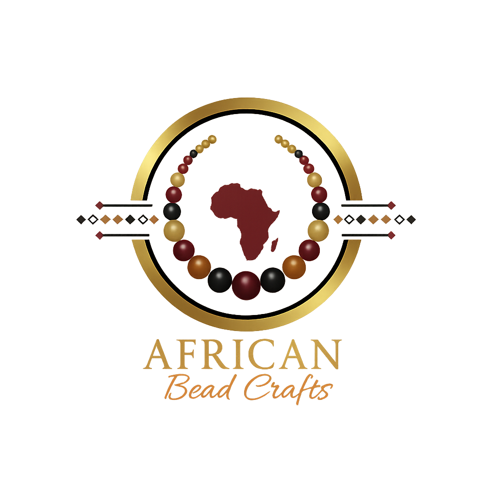 African Bead Crafts logo featuring the continent of Africa map in the center of a gold circle, surrounded by a double arc of red, brown, and gold beads.