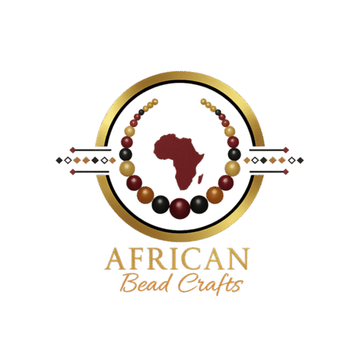 African Bead Crafts logo featuring the continent of Africa map in the center of a gold circle, surrounded by a double arc of red, brown, and gold beads.